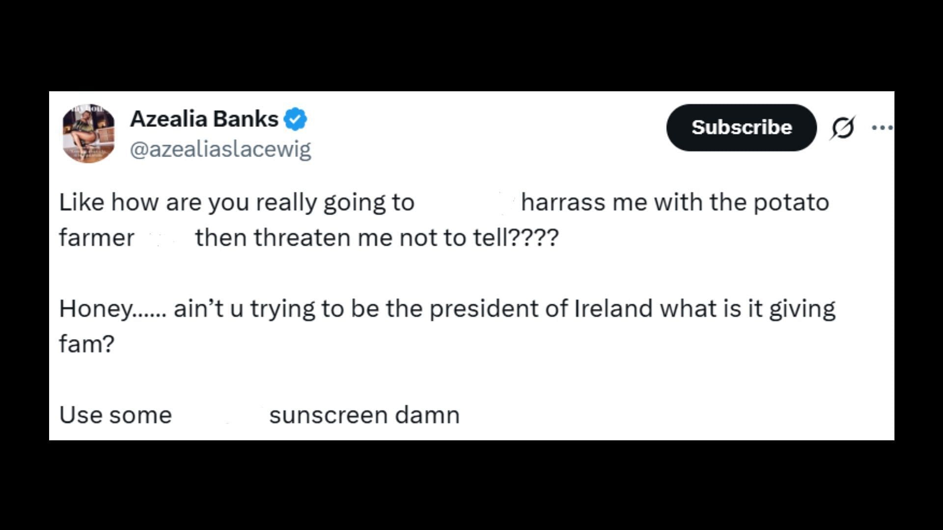 The tweet featuring the accusations (Image via X/azealiaslacewig)